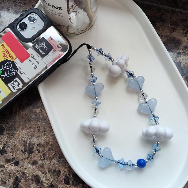 WCCH Beaded Phone Charm Y2K Kawaii Handmade Acrylic Phone Lanyard Wrist Strap for Camera Bag Airpods Keychain Charm Light Blue Heart with White Clouds - Image 4